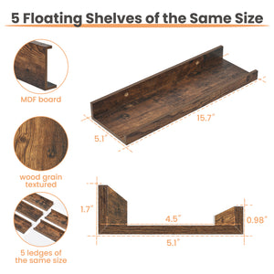 Floating Shelves, Upsimples Home Wood Shelf Wall Mounted, Set of 5, Brown