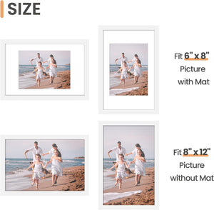 upsimples 8x12 Picture Frame Set of 3, Made of High Definition Glass for 6x8 with Mat or 8x12 Without Mat, Wall Mounting Photo Frames, White