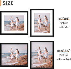 upsimples 10x12 Picture Frame Set of 3, Made of High Definition Glass for 7x9 with Mat or 10x12 Without Mat, Wall Mounting Photo Frames, Black