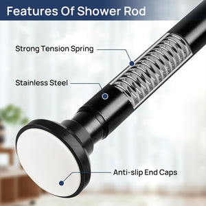 Matte Black Shower Curtain Rod 32 to 73 Inches, 1 Inch Adjustable Spring Tension Curtain Rod No Drill, Stainless Steel Shower Rod for Bathroom, Closet, Window, Room Divider, Never Rust, Non Slip