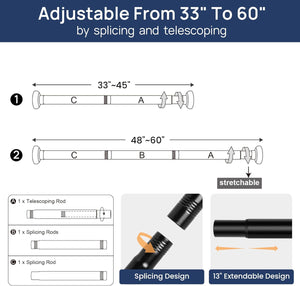 ENJOYBASICS Matte Black Shower Curtain Rod 33 to 60 Inches, 1 Inch Stainless Steel Adjustable Spring Tension Rods No Drill for Bathroom, Closet, Window, Room Divider, Never Rust, Non Slip