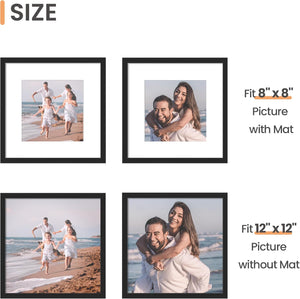 upsimples 12x12 Picture Frame Made of High Definition Glass, Display Pictures 8x8 with Mat or 12x12 Without Mat, Gallery Wall Frame Set, Black