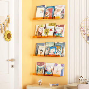 upsimples Clear Orange Acrylic Shelves for Wall Storage, 15" Acrylic Floating Shelves Wall Mounted, Kids Bookshelf, Display Ledge Wall Shelves for Bedroom, Living Room, Bathroom, Set of 2