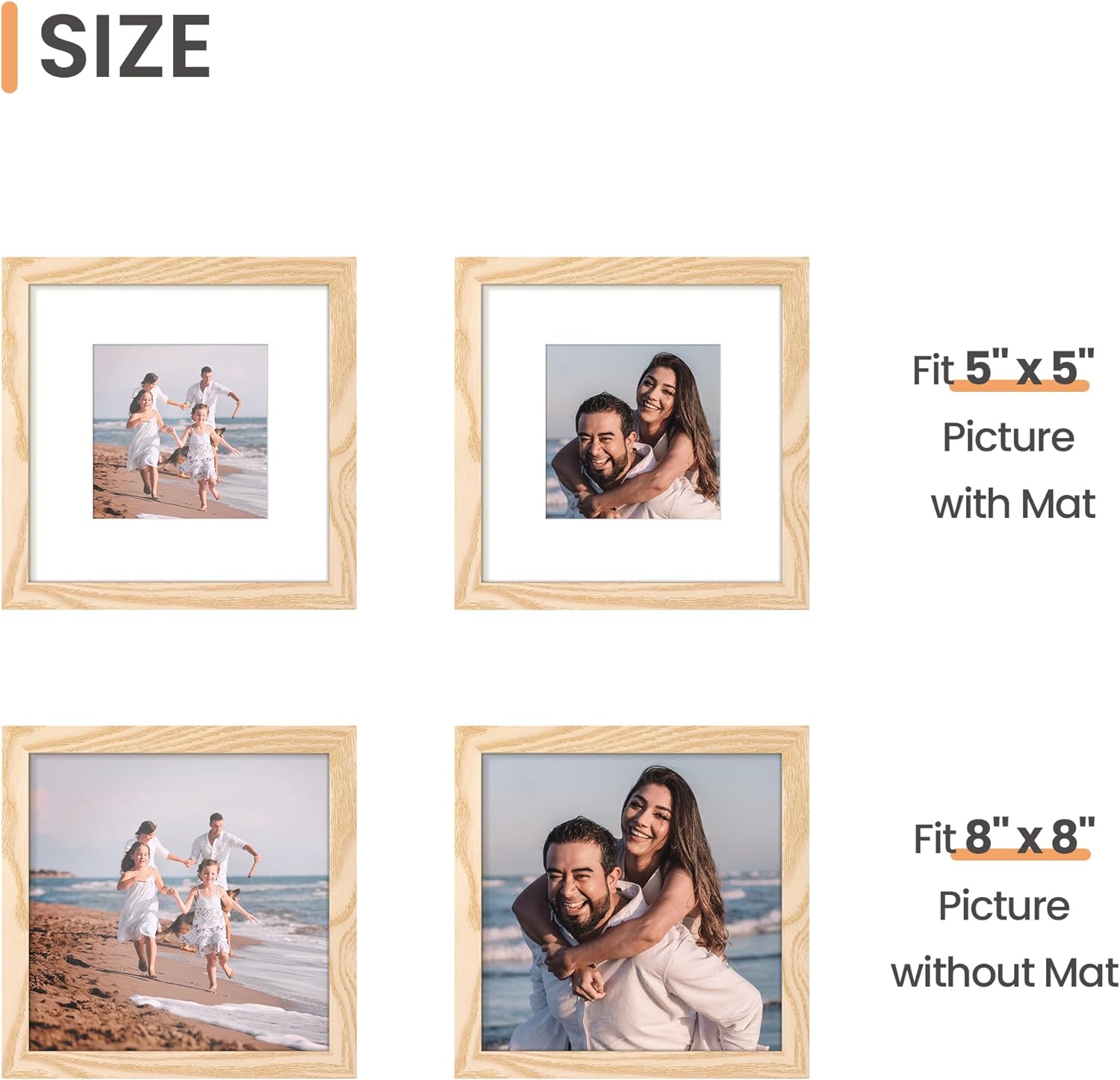 upsimples 8x8 Picture Frame Made of High Definition Glass, Display Pictures  5x5 with Mat or 8x8 Without Mat, Gallery Wall Frame Set, White