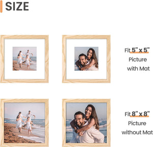 upsimples 8x8 Picture Frame Made of High Definition Glass, Display Pictures 5x5 with Mat or 8x8 Without Mat, Gallery Wall Frame Set, Natural