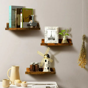 Upsimples Home Floating Shelves Wall Mounted Set of 5, Wall Mounted Wood Shelf for Bedroom, Living Room, Bathroom, Kitchen, Office, Sturdy Rustic Shelves 5 Different Sizes Brown