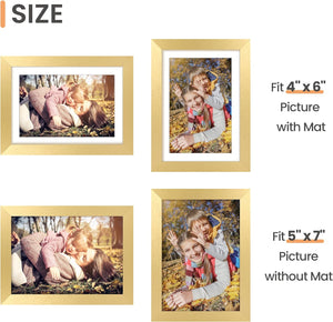 upsimples 5x7 Picture Frame, Display Pictures 4x6 with Mat or 5x7 Without Mat, Wall Hanging Photo Frame, Gold, 1 Pack