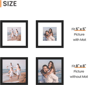 upsimples 8x8 Picture Frame Set of 10, Display Pictures 5x5 with Mat or 8x10 Without, Multi Photo Frames Collage for Wall or Tabletop Display, Black