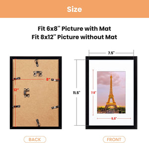 upsimples 8x12 Picture Frame Set of 3, Made of High Definition Glass for 6x8 with Mat or 8x12 Without Mat, Wall Mounting Photo Frames, Black