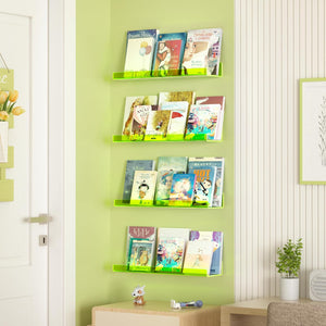 upsimples Fluorescent Green Clear Acrylic Shelves for Wall Storage, 15" Acrylic Floating Shelves Wall Mounted, Kids Bookshelf, Display Ledge Wall Shelves for Bedroom, Living Room, Bathroom, Set of 4