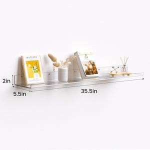 upsimples 2 Pack 35.5x5.5 Inches Acrylic Shelves for Wall Storage, Floating Bookshelves for Kids, Display Shelf Organizer for Bathroom, Bedroom, Living Room, Kitchen, Clear