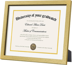 upsimples 11x14 Diploma Frame Certificate Degree Document Frame with High Definition Glass, 2 Pack Diploma Frames 8.5 x 11 with mat for Wall and Tabletop, Gold White Double Mat