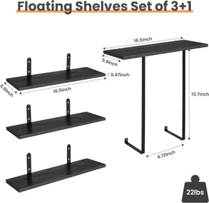 upsimples Bathroom Shelves Over Toilet, 3+1 Tier Floating Shelves, Black Wooden Storage Wall Shelves with Towel Rack, Wall Mounted Hanging Shelf for Bedroom, Kitchen, Living Room, Laundry Décor