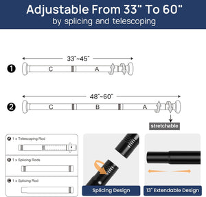 Matte Black Shower Curtain Rod 33 to 60 Inches, 1 Inch Adjustable Spring Tension Curtain Rod No Drill, Stainless Steel Shower Rod for Bathroom, Closet, Window, Room Divider, Never Rust, Non Slip