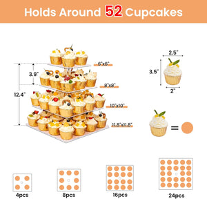 upsimples 4 Tier Acrylic Cupcake Stand, Dessert Tower for 52 Cupcakes, Square Cupcake Display Stand with Yellow LED Light for Birthday, Baby Shower, Tea Party and Wedding Décor