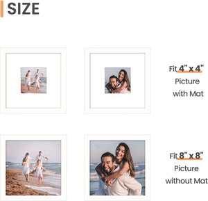 upsimples 8x8 Picture Frame, Display Pictures 4x4 with Mat or 8x8 Without Mat, Wall Hanging Photo Frame, White, 1 Pack