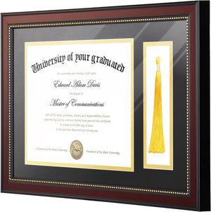 upsimples 11x17.5 Diploma Frame with Tassel Holder, Display 8.5x11 Certificate and Tassel with Black over Gold Mat, High Definition Glass, Mahogany with Gold Beads, 1 Pack