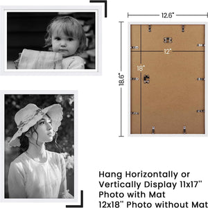 Sindcom 12x18 Poster Frame 3 Pack, Picture Frame with Detachable Mat for 11x17 Prints, Horizontal and Vertical Hanging Hooks for Wall Mounting, White Photo Frame for Gallery Home Décor