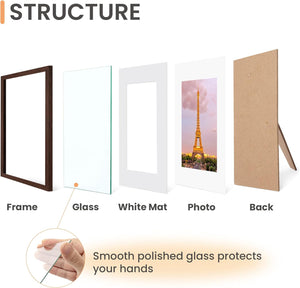 upsimples 8.5x11 Picture Frame Set of 3, Made of High Definition Glass for 6x8 with Mat or 8.5x11 Without Mat, Wall and Tabletop Display Photo Frames, Brown