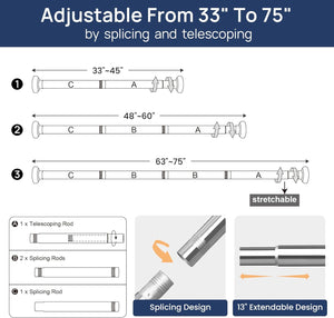 Shower Curtain Rod 33 to 75 Inches, 1 Inch Adjustable Spring Tension Curtain Rod No Drill, Stainless Steel Shower Rod for Bathroom, Closet, Window, Room Divider, Never Rust, Non Slip, Chrome