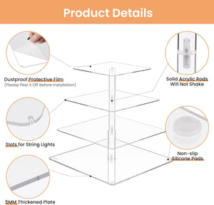 upsimples 4 Tier Acrylic Cupcake Stand, Dessert Tower for 52 Cupcakes, Square Cupcake Display Stand with Yellow LED Light for Birthday, Baby Shower, Tea Party and Wedding Décor