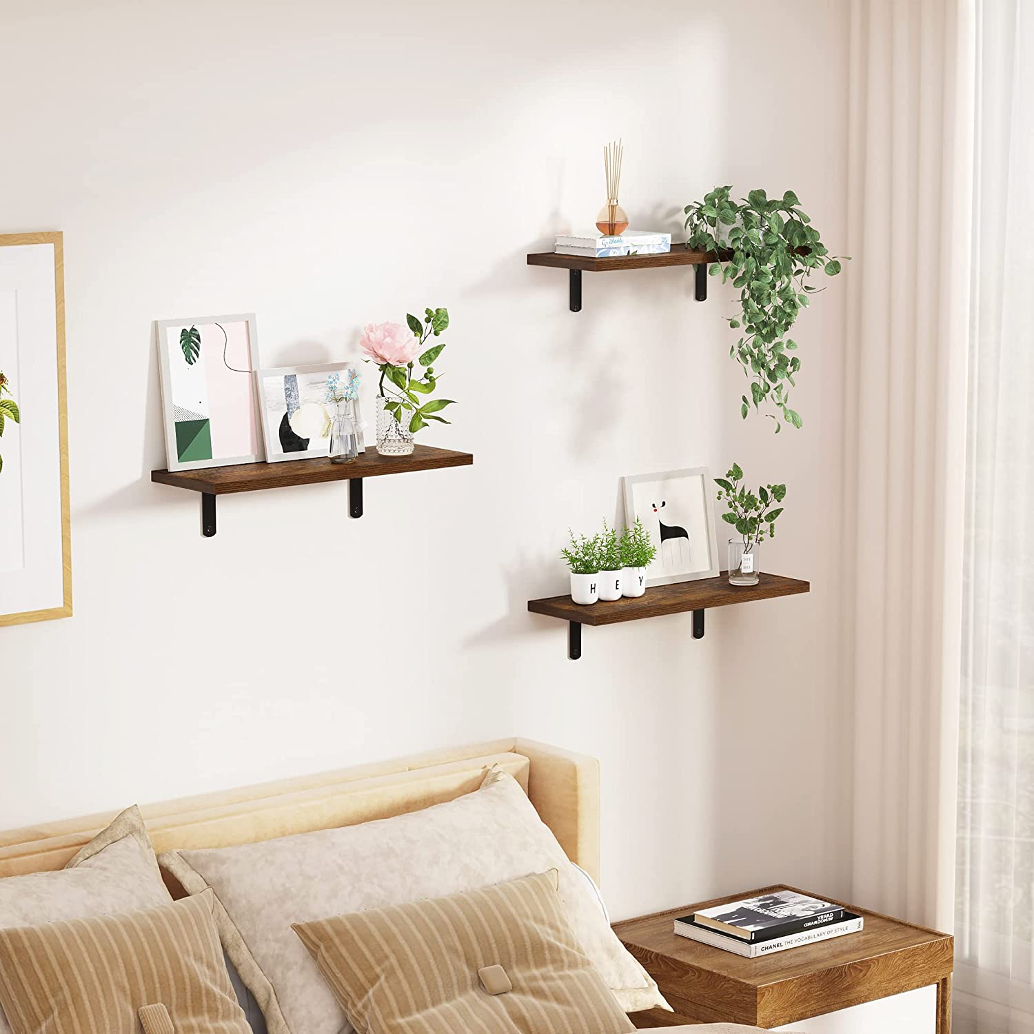 upsimples Floating Shelves for Wall Decor Storage, Wall Mounted Shelves Set of 5, Sturdy Small Wood Shelves with Metal Brackets Hanging for Bedroom, ...