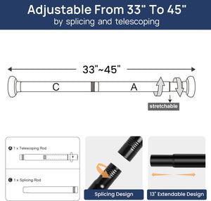 Matte Black Shower Curtain Rod 33 to 45 Inches, 1 Inch Adjustable Spring Tension Curtain Rod No Drill, Stainless Steel Shower Rod for Bathroom, Closet, Window, Room Divider, Never Rust, Non Slip