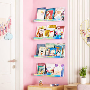 upsimples Iridescent Acrylic Shelves for Wall Storage, 15" Acrylic Floating Shelves, Kids Bookshelf, Nail Polish Holder, Perfume Display Wall Shelves for Bedroom, Living Room, Bathroom, Set of 4