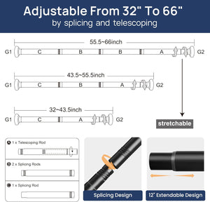 ENJOYBASICS 2 Pack Adjustable Spring Tension Curtain Rods 32 to 66 Inches, Stainless Steel Matte Black Shower Rod No Drilling for Window, Bathroom, Closet, Room Divider, 7/8" Diameter