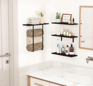 upsimples Bathroom Shelves Over Toilet, 3+1 Tier Floating Shelves, Black Wooden Storage Wall Shelves with Towel Rack, Wall Mounted Hanging Shelf for Bedroom, Kitchen, Living Room, Laundry Décor