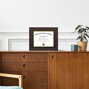 upsimples 11x14 Diploma Frame with High Definition Glass, Display 8.5x11 Certificate with Black over Gold Mat, Degree Document Frame for Wall and Tabletop, Mahogany with Gold Beads, 1 Pack