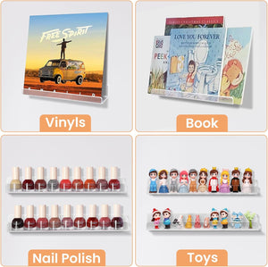 upsimples 10 Pack Clear Acrylic Shelves, 12" Nursery Book Shelves for Wall, Floating Bookshelf for Kids Baby, Vinyl Display, Record Holder, Magazine Rack, Picture Ledge Shelf