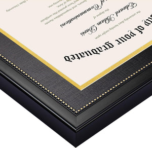 upsimples 11x14 Diploma Frame with High Definition Glass, Display 8.5x11 Certificate with Black over Gold Mat, Degree Document Frame for Wall and Tabletop, Black with Gold Beads, 1 Pack