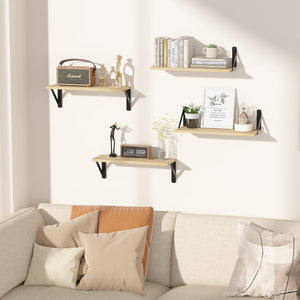 upsimples Floating Shelves for Wall Decor Storage, Natural Bookshelf with Black Bracket Set of 5, Sturdy Wall Shelves Hanging for Bedroom, Bathroom, Living Room, Kitchen, Office, Corner