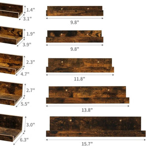 Upsimples Home Floating Shelves Wall Mounted Set of 5, Wall Mounted Wood Shelf for Bedroom, Living Room, Bathroom, Kitchen, Office, Sturdy Rustic Shelves 5 Different Sizes Brown