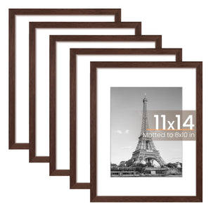 upsimples 11x14 Picture Frame Set of 5, Display Pictures 8x10 with Mat or 11x14 Without Mat, Wall Gallery Photo Frames, Brown