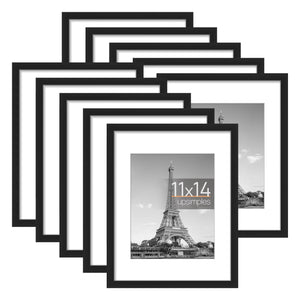 upsimples 11x14 Picture Frame Set of 10, Display Pictures 8x10 with Mat or 11x14 Without Mat, Multi Photo Frames Collage for Wall Display, Black