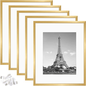 upsimples 16x20 Picture Frame Set of 5, Display Pictures 11x14 with Mat or 16x20 Without Mat, Wall Gallery Poster Frames, Gold