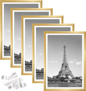 upsimples 13x19 Picture Frame Set of 5,Display Pictures 11x17 with Mat or 13x19 Without Mat,Wall Gallery Photo Frames,Gold