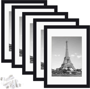 upsimples A4 Picture Frame Set of 5, Display Pictures 6.5x8.5 with Mat or 8.3x11.7 Without Mat, Wall Gallery Poster Frames, Black