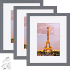 upsimples 8x10 Picture Frame Set of 3, Made of High Definition Glass for 5x7 with Mat or 8x10 Without Mat, Wall Mounting Photo Frames, Dark Gray
