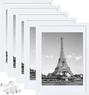 upsimples 10x14 Picture Frame Set of 5, Display Pictures 8.5x11 with Mat or 10x14 Without Mat, Wall Gallery Poster Frames, White