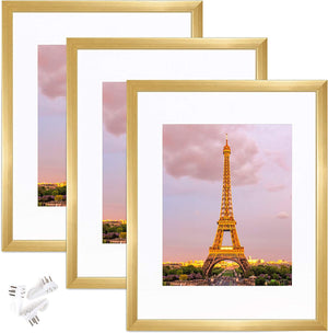 upsimples 12x16 Picture Frame Set of 3, Made of High Definition Glass for 8.5x11 with Mat or 12x16 Without Mat, Wall Mounting Photo Frames, Gold
