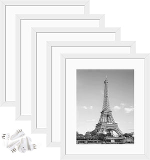 upsimples 10x12 Picture Frame Set of 5, Display Pictures 7x9 with Mat or 10x12 Without Mat, Wall Gallery Poster Frames, White