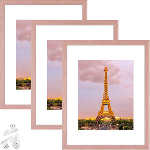 upsimples 11x14 Picture Frame Set of 3, Made of High Definition Glass for 8x10 with Mat or 11x14 Without Mat, Wall Mounting Photo Frames, Pink