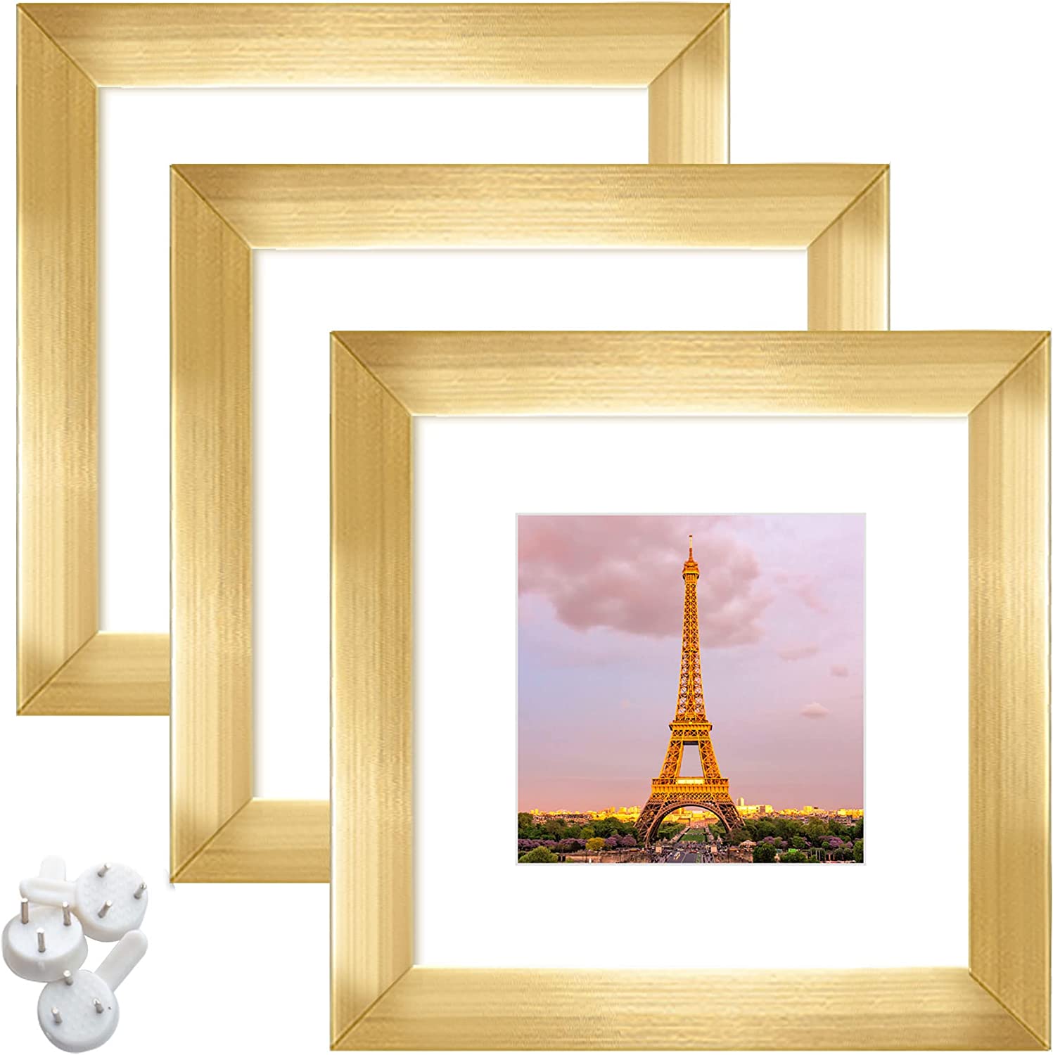 upsimples 6x6 Picture Frame Set of 3, Display Pictures 4x4 with Mat or 6x6  Without Mat, Multi Photo Frames Collage for Wall, Gold