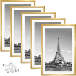 upsimples 12x18 Picture Frame Set of 5,Display Pictures 11x17 with Mat or 12x18 Without Mat,Wall Gallery Photo Frames,Gold