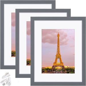 upsimples 8.5x11 Picture Frame Set of 3, Made of High Definition Glass for 6x8 with Mat or 8.5x11 Without Mat, Wall Mounting Photo Frames, Dark Gray
