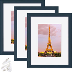 upsimples 8x10 Picture Frame Set of 3, Made of High Definition Glass for 5x7 with Mat or 8x10 Without Mat, Wall Mounting Photo Frames, Navy Blue