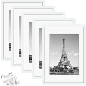 upsimples A4 Picture Frame Set of 5, Display Pictures 6x8 with Mat or 8.3x11.7 Without Mat, Wall Gallery Poster Frames, White